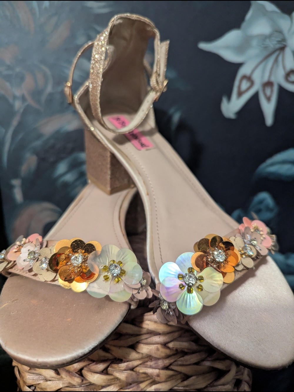 Betsey Johnson Adalee Sequin Flower Gold Block Heels